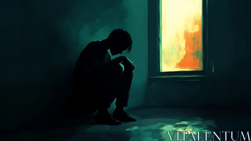 Solitary silhouette near glowing window in dark room.