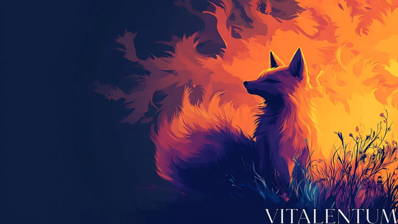 Luminous fox watches fiery spirit silhouettes at dusk.