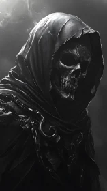 Shadowed reaper figure quietly waits in swirling silver mist
