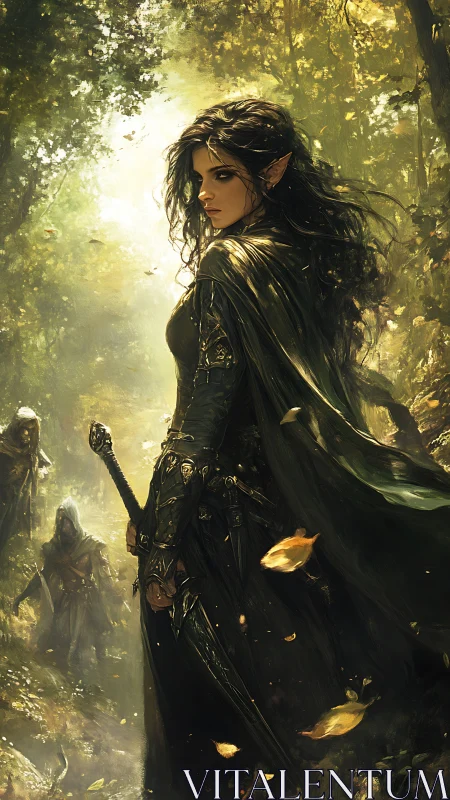 Forestblade sentinel elf poised in golden leaflight hush.