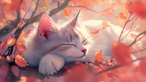 Crimson Whisker Dreams: A Cat's Autumn Reverie.