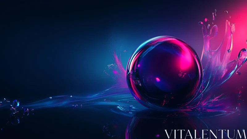 Neon liquid splash surrounds glowing glass sphere on water