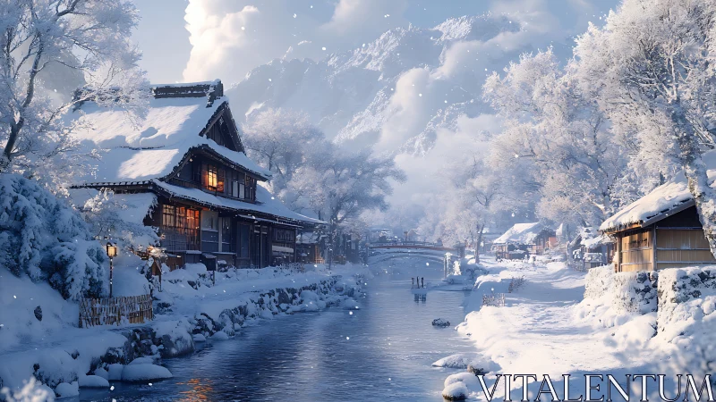 Snow-laden riverside village under soft alpine winter light