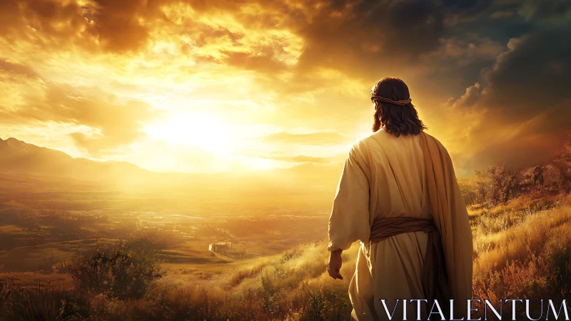 Figure in robe observes sunlit valley under dense clouds