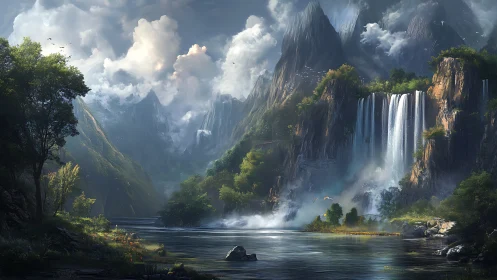 Mountain valley river with multi-tiered waterfalls and mist.