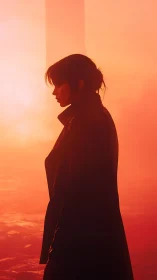 Silhouetted woman contemplates alone in neon orange haze