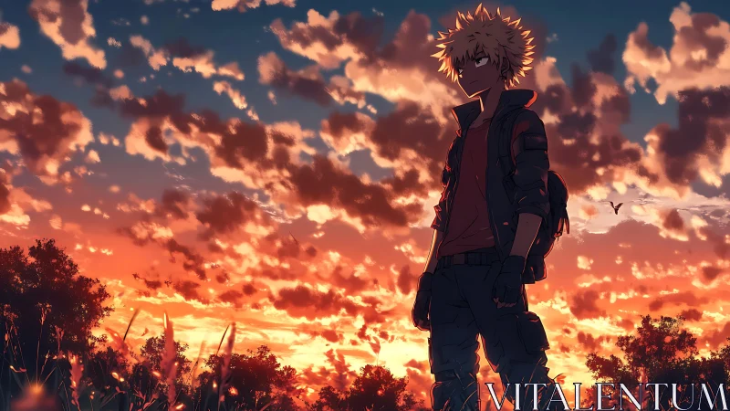 Silhouetted anime teen stands against burning sunset sky