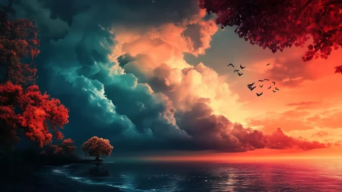 Dramatic storm clouds divide teal sky and red sunset