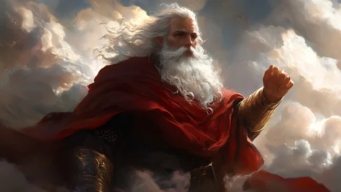 Storm-crowned elder deity commands the heavens in swirling light