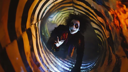 Creepy clown figure crawling through striped tunnel scene.