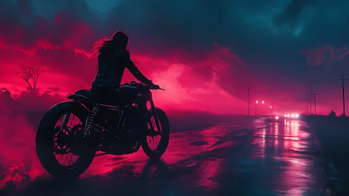 Motorcyclist on wet road under red neon storm sky.