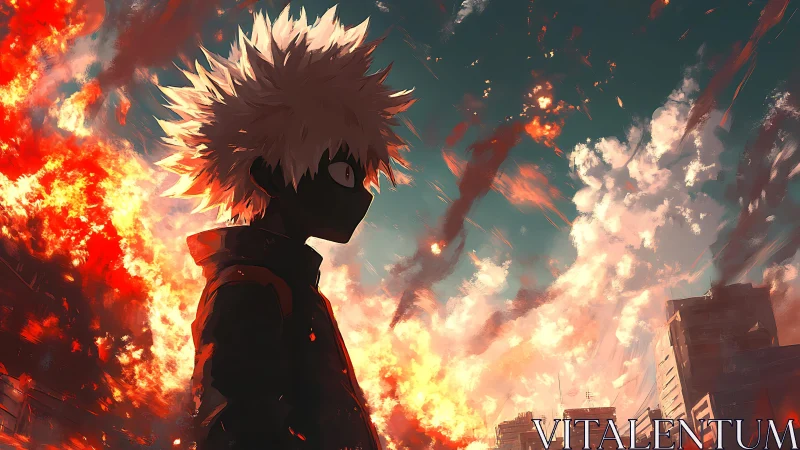 Silhouetted anime antihero watches a blazing city sky burn