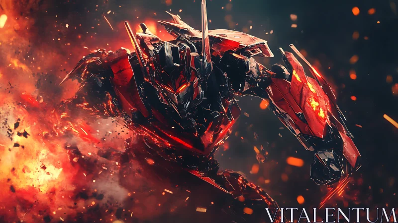 Flaming red mech charging through sparks and swirling fire.
