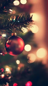 Red glass bauble on fir branch with warm defocused bokeh lights