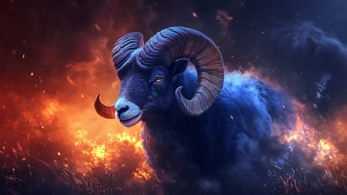 Mythic ram strides through burning field under storm sky