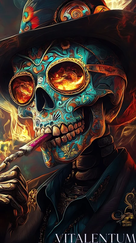 Flaming sugar skull gunslinger with ornate hat and cigar.