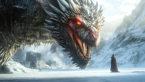 Colossal dragon confronts lone figure in high-detail icy valley