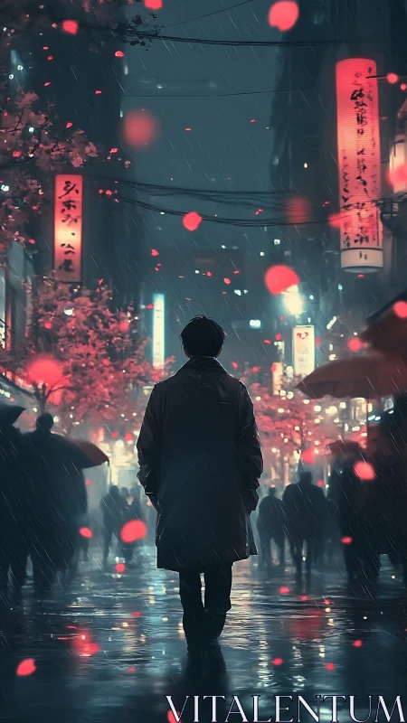 Silhouetted figure walks through rainy neon city street at night