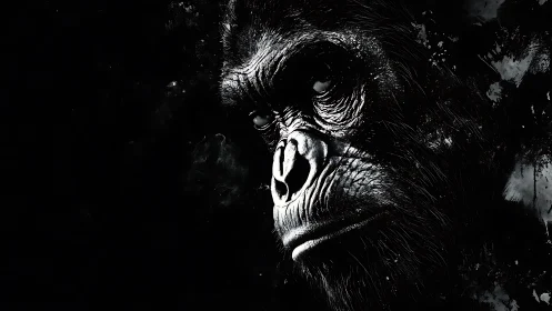 Gorilla portrait emerges from inky black abstract shadows.