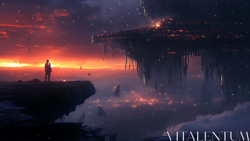 Solitary dreamer beneath a hovering twilight cityscape.