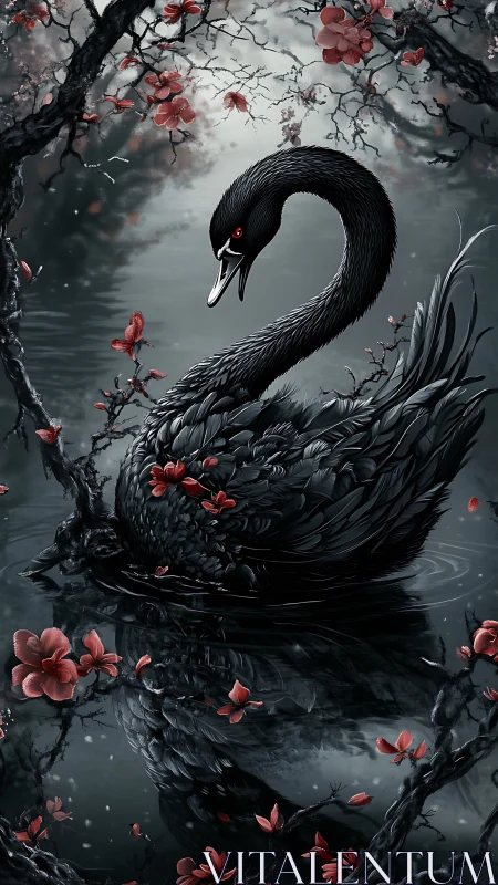 Black swan with reflective water surface and crimson floral contrast