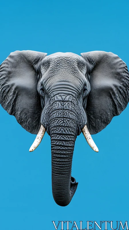 Gentle elephant portrait against a calm, bright blue sky.