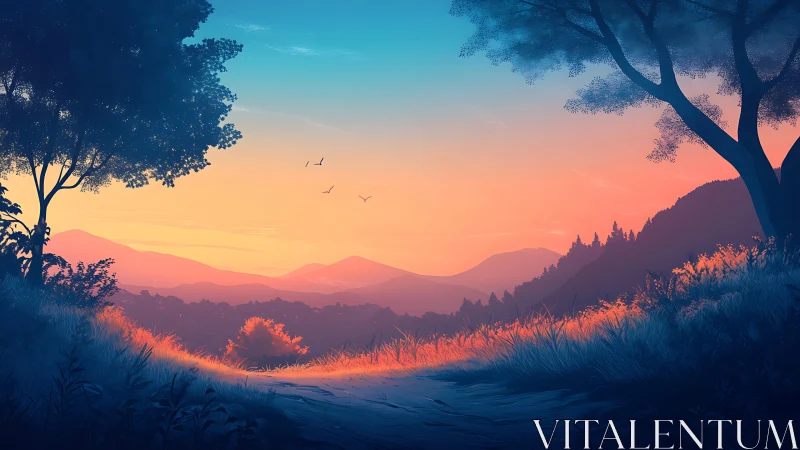 Spectral gradient sunrise over layered digital hillscape.