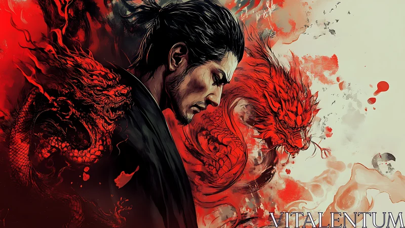Brooding samurai adrift between dueling crimson dragons.