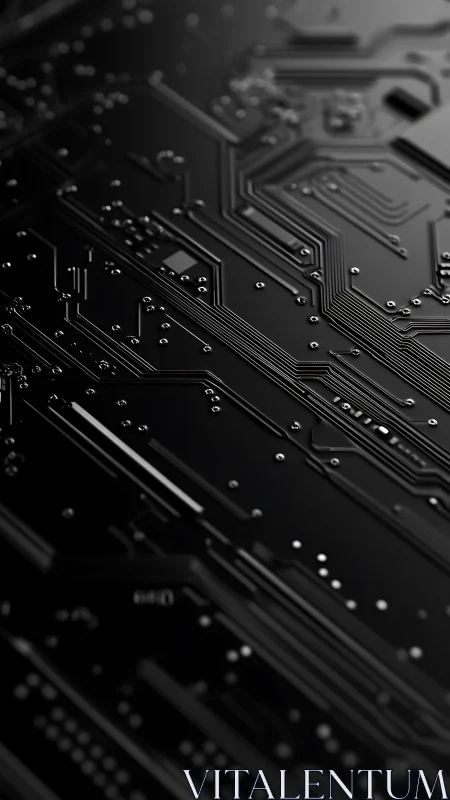 Black circuit board closeup with reflective traces.