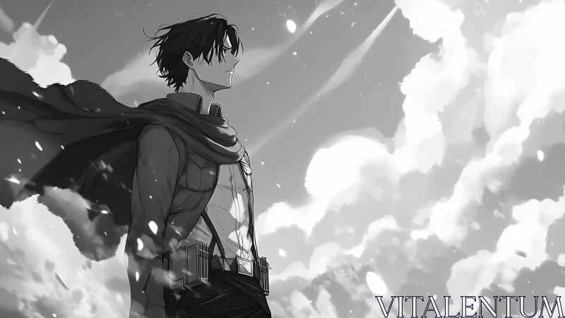 Windswept anime hero gazes toward bright, hopeful skies