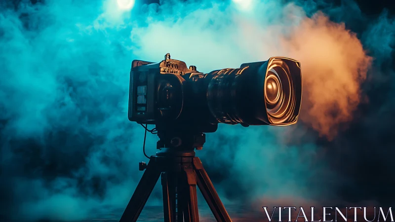 Studio camera glowing in colorful cinematic stage lights.