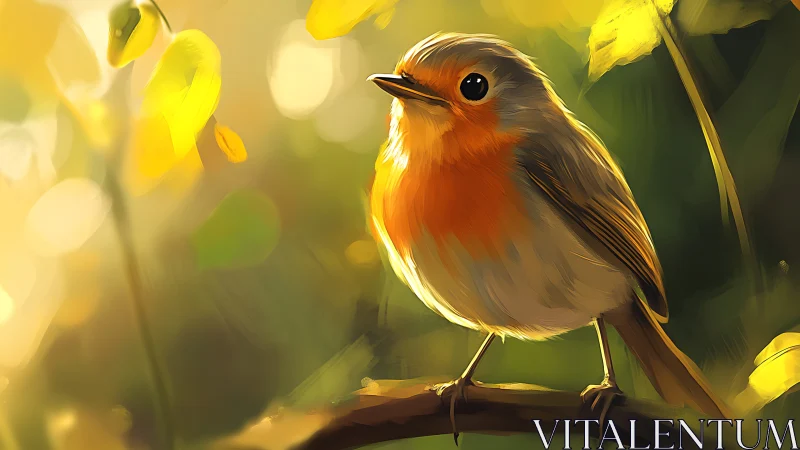 Vibrant digital painting of a robin in golden sunlight on a branch.