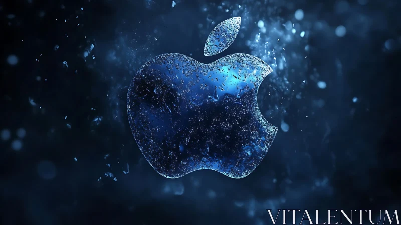 Blue glass apple logo in glowing particle cloud background.