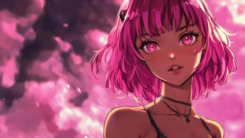 Dreamy pink haired girl under glowing cotton candy skies.