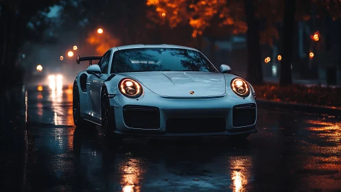 White sports car on rainy city street with moody bokeh glow.
