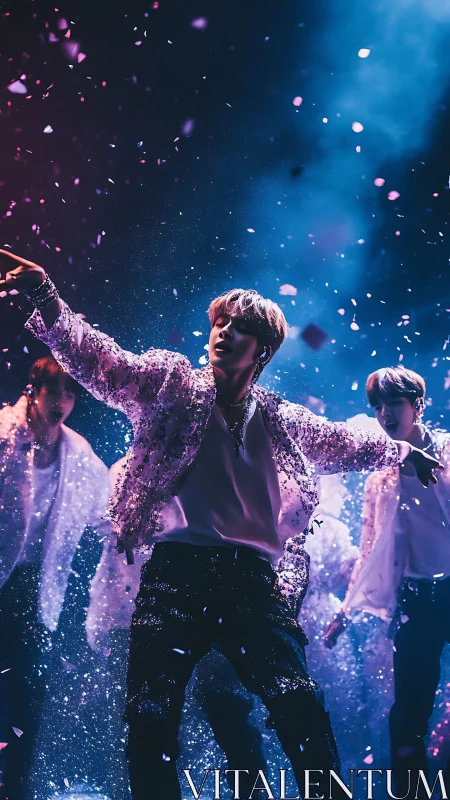 Stage performer captured mid-motion under bokeh confetti lighting