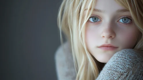 Soft-lit blonde portrait captures quiet blue-eyed tenderness