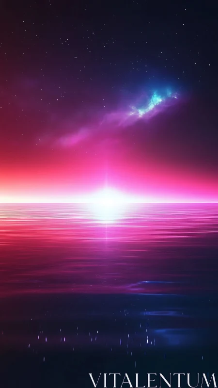 Neon cosmic sunrise glows over a tranquil futuristic sea