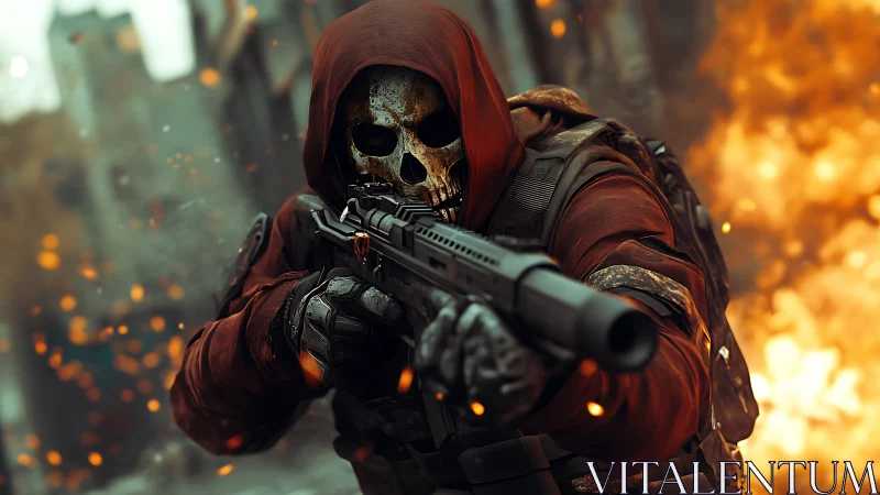 Hooded armed figure with skull mask in urban explosion scene.
