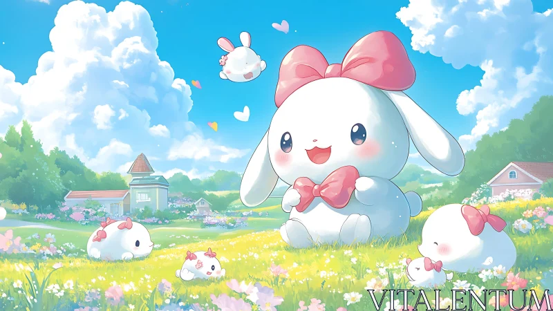 Pastel meadow panorama with oversized bow-adorned bunnies.