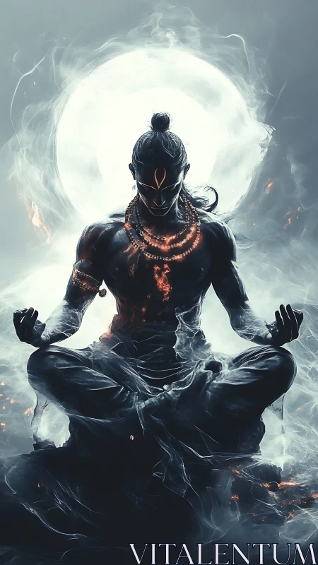 Fiery meditative warrior glowing within swirling moonlit mist.