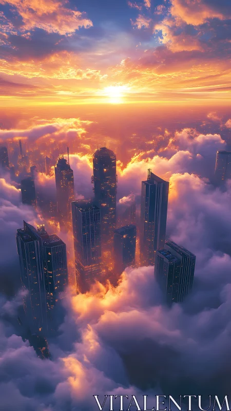 Sunlit cloud city skyline pierces glowing storm layers.