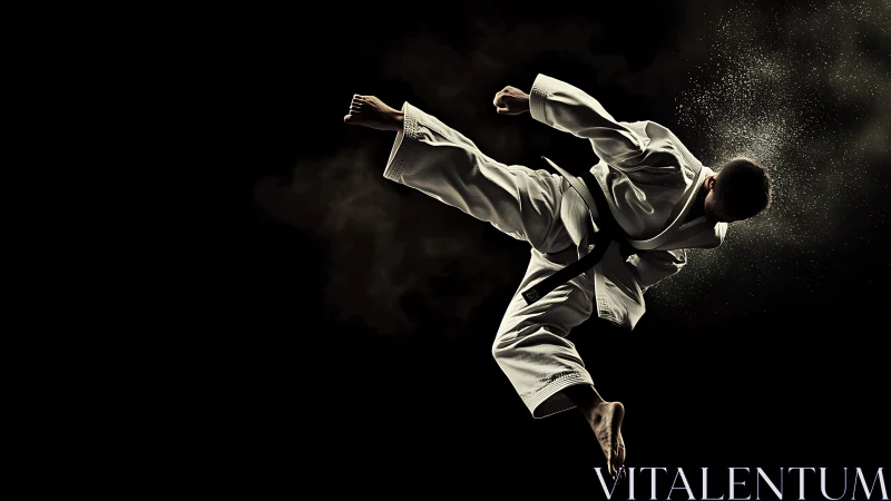 Karate practitioner performing airborne side kick in studio.