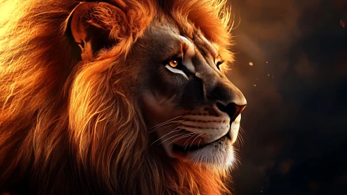 Majestic lion portrait in warm dramatic side lighting.