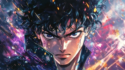 Intense blue eyed anime hero in dynamic neon energy burst