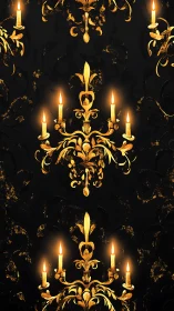 Baroque gold candle chandeliers on black damask wallpaper.