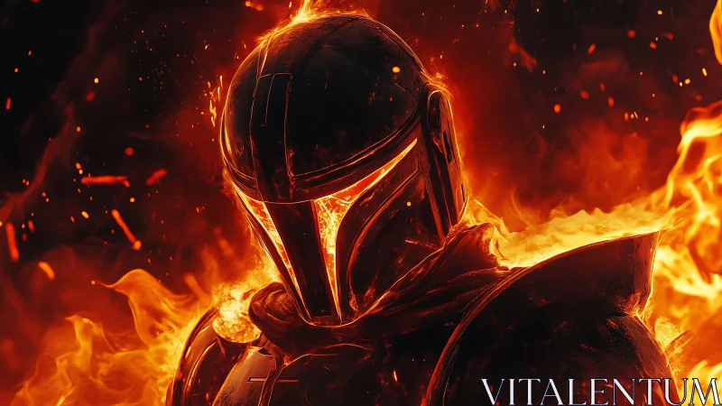 Armored fire warrior emerges from searing molten flames