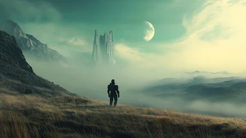 Lone astronaut crossing foggy alien valley toward monolith.