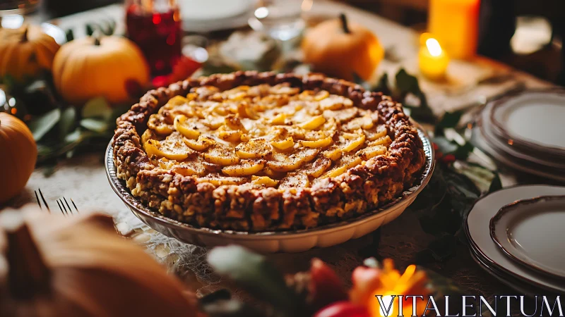Rustic peach tart on autumn holiday table setting.