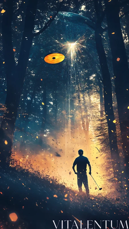 Forest golfer under descending UFO light beam encounter.